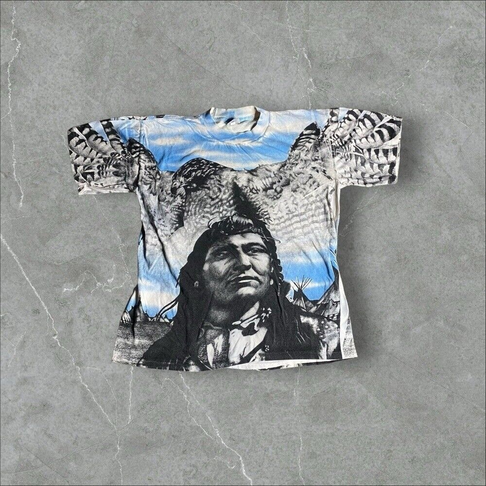 Vintage Native American Shirt Mens Large Blue Wrap Around Indian AOP Chief Eagle